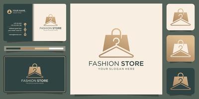 diseño de logotipo de tienda de moda de estilo de línea de minimalismo creativo color dorado con ilustración de tarjeta de visita. vector