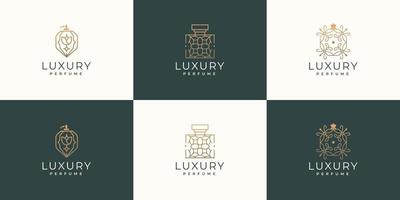 conjunto de botellas de lujo diseño de logotipo de perfume. inspiración con color dorado, moda, cuidado de la piel, colección. vector