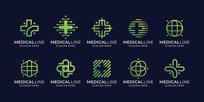 collection of abstract medical line logo design. cross health, pulse logo, medical line art style. vector