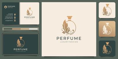 logotipo de botella de perfume de lujo y diseño de tarjeta de visita. botellas de perfume spray logo con flor de belleza. vector