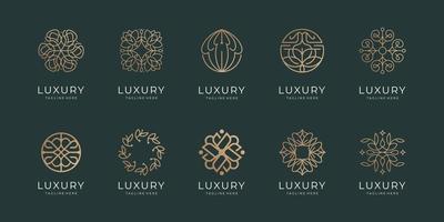 Luxury line art beauty flower, rose, feminine spa, circular concept and leaves set logo collection. vector