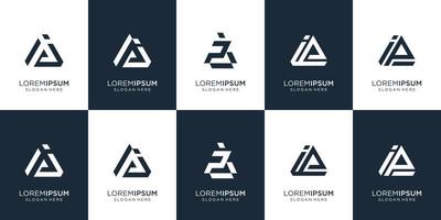 set of initial letter p and letter i in triangle shape concept design template. premium vector