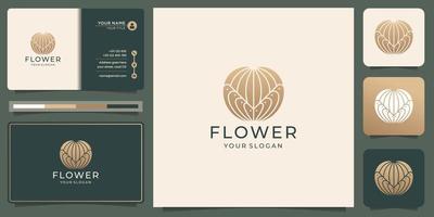 Resumen de logotipo de flor de forma de silueta de línea mono creativa con color dorado y diseño de tarjeta de visita. vector