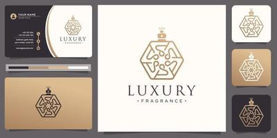 elegant perfume bottle gold logo with abstract line concept style design template and business card. vector