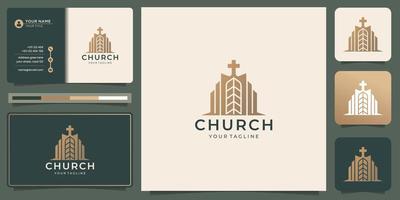 símbolo de la iglesia cristiana con diseño de logotipo de forma de construcción y plantilla de tarjeta de visita. vector