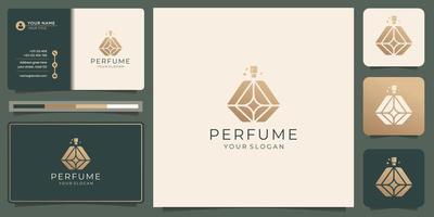 plantilla de logotipo de spray de perfume de diseño de lujo. logo para salón, belleza, cuidado de la piel, con tarjeta de visita. vector