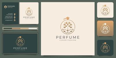 diseño de lujo para el estilo de concepto de línea de plantilla de logotipo de botella de perfume con color dorado y tarjeta de visita. vector