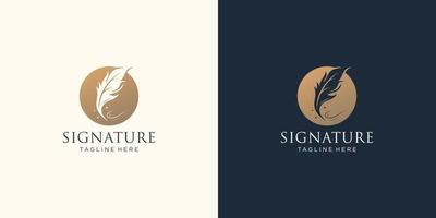 creative quill signature logo template in negative space circle frame. luxury signature pen feather. vector