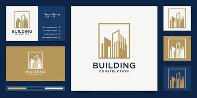 Golden building logo design inspiration and business card. Premium Vector