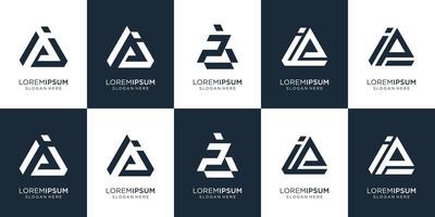 conjunto de combinación de diseño de logotipo letra p y letra i en el espacio triangular. icono para empresa, edificio, consultoría, moderno. vector premium