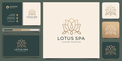 feminine flower lotus spa logo design and business card. creative line style floral lotus spa design vector