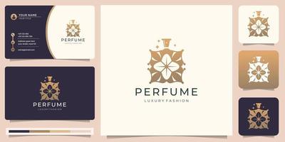 elegante logotipo dorado de botella de perfume con diseño de estilo de concepto de forma abstracta y plantilla de tarjeta de visita vector