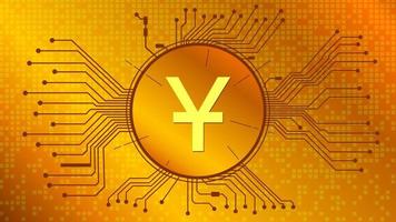 Yuan CNY coin symbol in circle with PCB tracks on gold background. China currency icon. Vector EPS10.