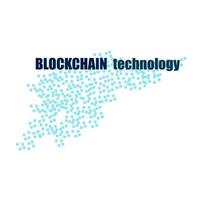 Blockchain technology text with flying blocks isolated on white. Blue blocks and a dark inscription. Website Design Element. Vector EPS 10.