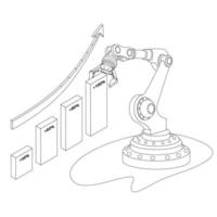 Outline automatic trading robot isometric concept with chart and upward arrow isolated on white. Vector illustration.