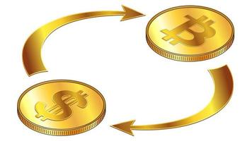 Dollars USD and Bitcoin BTC circulation isometric concept with gold coins and cyclical arrows isolated on white. Rotation of digital money. Vector design element.