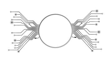 Design element in techno style with copy space silver circle with PCB tracks isolated on white. Template for website or banner. Vector illustration.