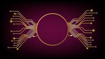 Design element in techno style with copy space gold circle with PCB tracks. Template for website or banner. Vector illustration.