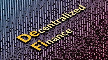 Defi - decentralized finance, isometric text on fragmented matrix background. Ecosystem of financial applications and services based on public blockchains.  Vector illustration.