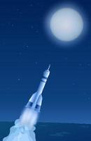 The spaceship flies to the moon in the starry sky. Engine flames and smoke. Blue tinted. Vertical vector illustration.