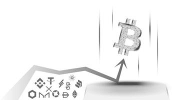 Vector illustration of a concept of the advantage of Bitcoin over altcoins on white background. BTC has overtaken all coins and is growing up. Wireframe Bitcoin symbol and up arrow.