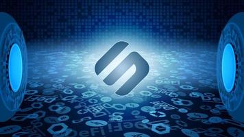 Swipe SXP token symbol of the DeFi system shining in the rays of light. Cryptocurrency logo icon. Decentralized finance programs. Vector EPS10.