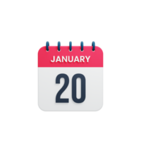 gennaio realistico calendario icona 3d illustrazione Data gennaio 20 png