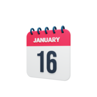 ícone de calendário realista de janeiro ilustração 3d data 16 de janeiro png
