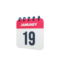 ícone de calendário realista de janeiro ilustração 3d data 19 de janeiro png
