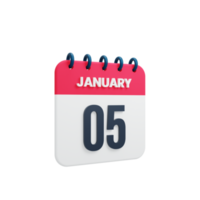 January Realistic Calendar Icon 3D Illustration Date January 05 png