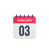 ícone de calendário realista de fevereiro ilustração 3d data 03 de fevereiro png