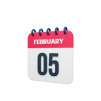 icono de calendario realista de febrero ilustración 3d fecha 05 de febrero png