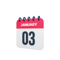 ícone de calendário realista de janeiro ilustração 3d data 03 de janeiro png