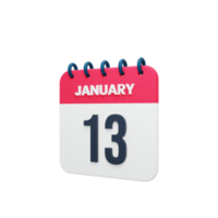 ícone de calendário realista de janeiro ilustração 3d data 13 de janeiro png