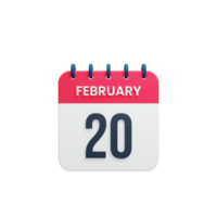 ícone de calendário realista de fevereiro ilustração 3d data 20 de fevereiro png
