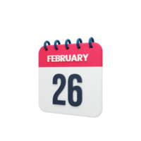 febbraio realistico calendario icona 3d illustrazione Data febbraio 26 png