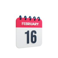février calendrier réaliste icône 3d illustration date 16 février png