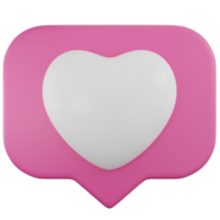 notificação de mensagem de caixa de bate-papo de coração rosa. amor de notificação de mídia social 3d ou como ícone de coração