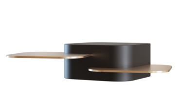 podiums noirs et dorés sur fond transparent. scène élégante pour le produit, présentation cosmétique. maquette de luxe. piédestal ou plate-forme pour produits de beauté. scène vide. rendu 3d. png