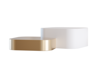 Two white and golden podiums on transparent background. Elegant stage for product, cosmetic presentation. Luxury mock up. Pedestal or platform for beauty products. Empty scene. 3D rendering. png