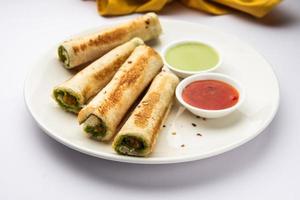 Indian paneer bread roll made using spiced grated cottage cheese mixed with spices, rolled and baked photo
