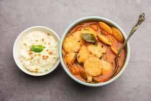 mini idli or idlies with sambar and coconut chutney- South Indian breakfast photo