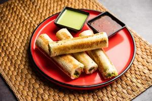 Indian paneer bread roll made using spiced grated cottage cheese mixed with spices, rolled and baked photo