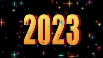 text 2023 animation and flying Christmas balls isolated on black background, 2023 new year, design template Happy 2023 New Year concept Holiday animate card video