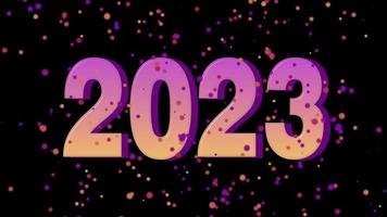 text 2023 animation and flying Christmas balls isolated on black background, 2023 new year, design template Happy 2023 New Year concept Holiday animate card video