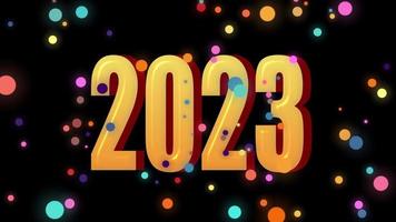 text 2023 animation and flying Christmas balls isolated on black background, 2023 new year, design template Happy 2023 New Year concept Holiday animate card video