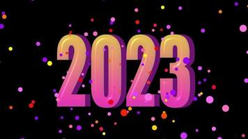 text 2023 animation and flying Christmas balls isolated on black background, 2023 new year, design template Happy 2023 New Year concept Holiday animate card video