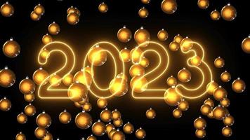 text 2023 animation and flying Christmas balls isolated on black background, 2023 new year, design template Happy 2023 New Year concept Holiday animate card video