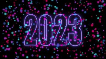 text 2023 animation and flying Christmas balls isolated on black background, 2023 new year, design template Happy 2023 New Year concept Holiday animate card video