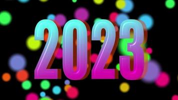 text 2023 animation and flying Christmas balls isolated on black background, 2023 new year, design template Happy 2023 New Year concept Holiday animate card video